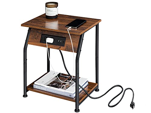 Labcosi 18.9” Tall Side Tables, Rustic End Tables for Living Room and Bedroom, Nightstand with Charging Station, Small Furniture with USB Ports and Outlets, Rustic Oak Color