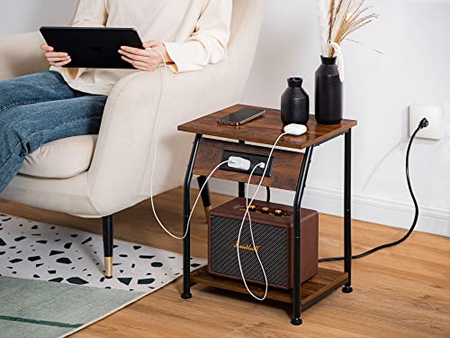 Labcosi 18.9” Tall Side Tables, Rustic End Tables for Living Room and Bedroom, Nightstand with Charging Station, Small Furniture with USB Ports and Outlets, Rustic Oak Color