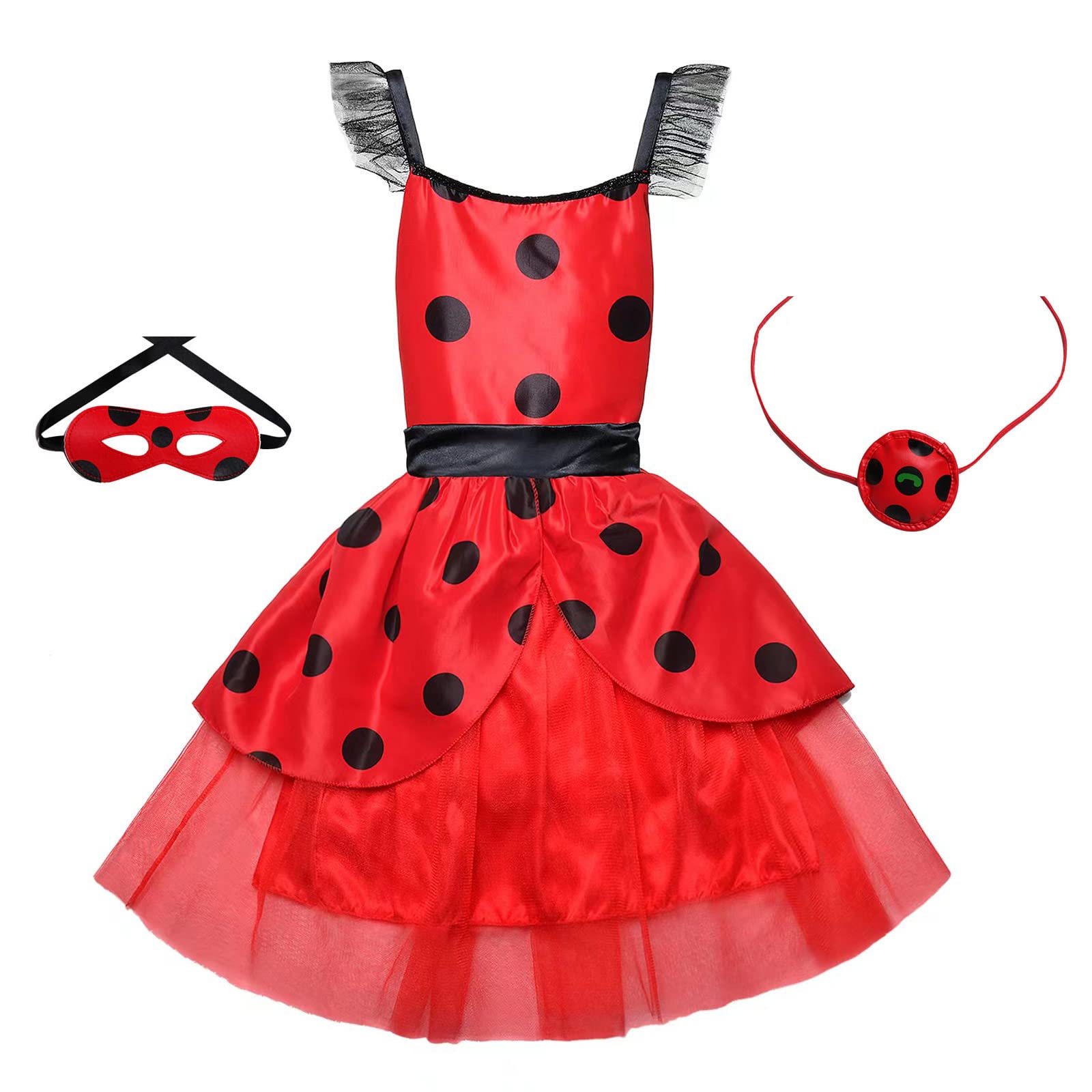 Oilzorr Ladybug Dress Costume for Girls with eye mask and Bag for Birthday Gifts Halloween Christmas 3Pcs Sets(2-4/100)