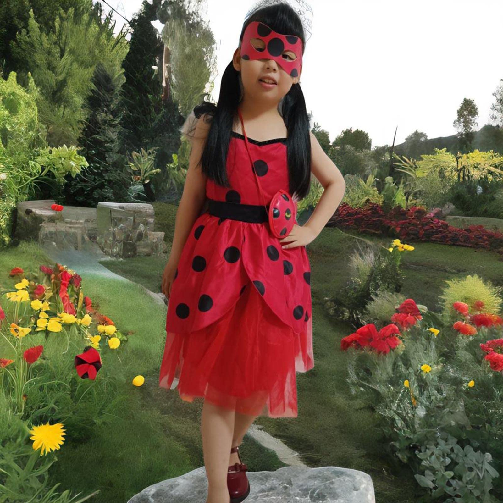 Oilzorr Ladybug Dress Costume for Girls with eye mask and Bag for Birthday Gifts Halloween Christmas 3Pcs Sets(2-4/100)