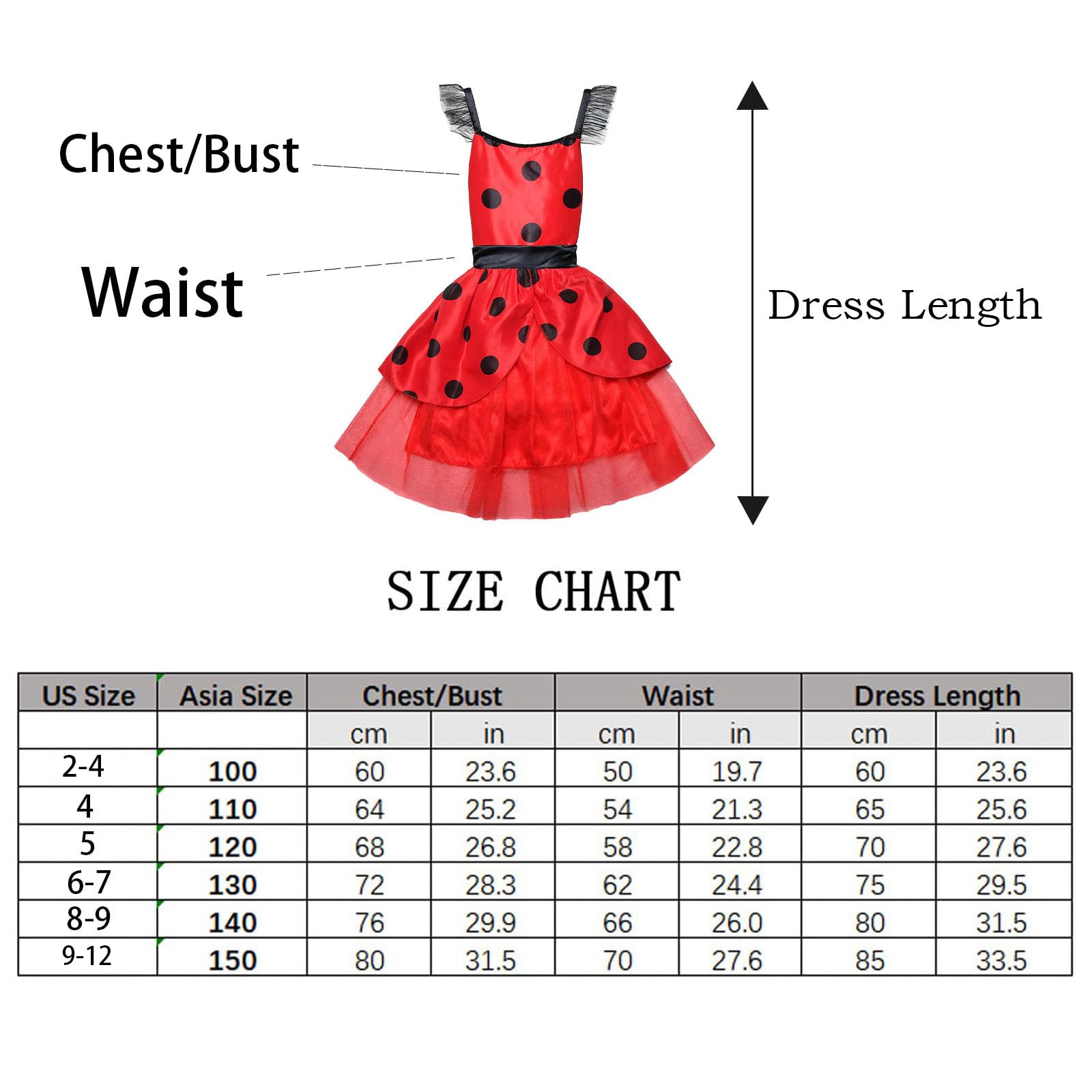 Oilzorr Ladybug Dress Costume for Girls with eye mask and Bag for Birthday Gifts Halloween Christmas 3Pcs Sets(2-4/100)