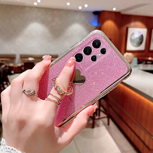 Easyscen Case for Samsung Galaxy S22 Ultra (6.8-inch) Girls Women Cute Luxury Glitter Shiny Sparkly Shell with Ring Stand Heart Slim Soft Shockproof Protective Phone Cover for Galaxy S22 Ultra - Pink