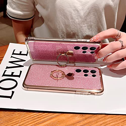 Easyscen Case for Samsung Galaxy S22 Ultra (6.8-inch) Girls Women Cute Luxury Glitter Shiny Sparkly Shell with Ring Stand Heart Slim Soft Shockproof Protective Phone Cover for Galaxy S22 Ultra - Pink