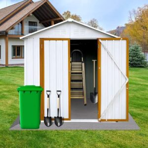 ampela outdoor storage shed, metal outside sheds with apex roof galvanized steel for backyard, patio, lawn, tool shed with lockable door for trash can, bike, lawnmower, 4x6 ft,yellow+white