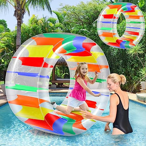 Karenhi 2 Pieces 40 Inch Giant Colorful Water Wheel Roller Float Inflatable Pool Float Swimming Pool Rainbow Roller Toy for Teens Summer Pool Lake Beach Outdoor Backyard Lawn Party