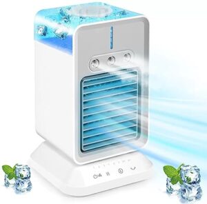 portable air conditioner, 4 in 1 evaporative air cooler, personal mini air cooler with 3 wind speeds and 3 cool mist & 2-4h timer, 90°rotation desktop cooling fan for for home room camping car office
