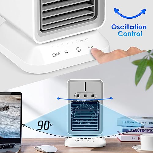Portable Air Conditioner, 4 IN 1 Evaporative Air Cooler, Personal Mini Air Cooler with 3 Wind Speeds and 3 Cool Mist & 2-4H Timer, 90°Rotation Desktop Cooling Fan for for Home Room Camping Car Office