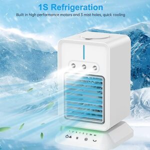 Portable Air Conditioner, 4 IN 1 Evaporative Air Cooler, Personal Mini Air Cooler with 3 Wind Speeds and 3 Cool Mist & 2-4H Timer, 90°Rotation Desktop Cooling Fan for for Home Room Camping Car Office