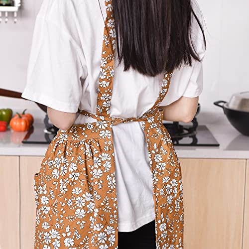 Pinknoke Vintage Pinafore Apron Dress for Women with Pockets Cute Floral Chef Aprons for Kitchen Cooking Baking Gardening (Tawny)