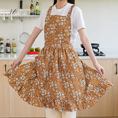 Pinknoke Vintage Pinafore Apron Dress for Women with Pockets Cute Floral Chef Aprons for Kitchen Cooking Baking Gardening (Tawny)