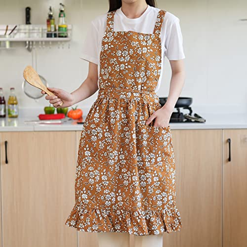 Pinknoke Vintage Pinafore Apron Dress for Women with Pockets Cute Floral Chef Aprons for Kitchen Cooking Baking Gardening (Tawny)
