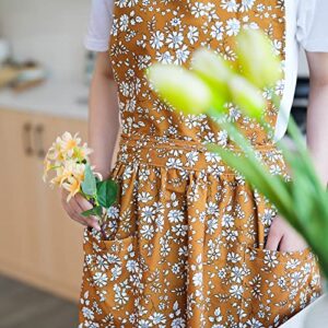 Pinknoke Vintage Pinafore Apron Dress for Women with Pockets Cute Floral Chef Aprons for Kitchen Cooking Baking Gardening (Tawny)