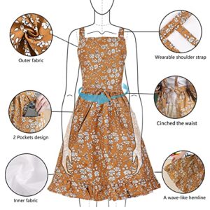 Pinknoke Vintage Pinafore Apron Dress for Women with Pockets Cute Floral Chef Aprons for Kitchen Cooking Baking Gardening (Tawny)