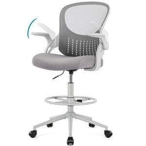 drafting chair with flip-up armrests and foot-ring, tall office chair for standing desk adjustable height office desk chair for home office, breathable mesh swivel rolling tall chair grey