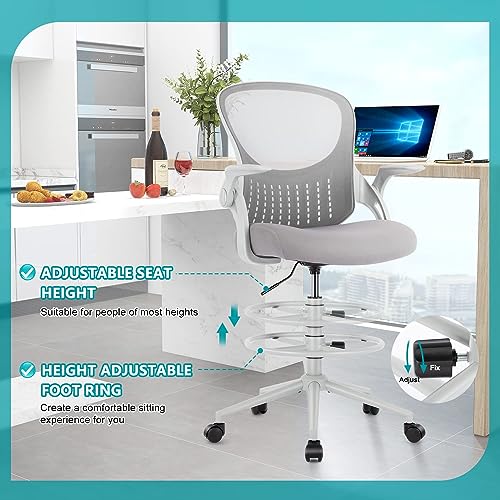 Drafting Chair with Flip-up Armrests and Foot-Ring, Tall Office Chair for Standing Desk Adjustable Height Office Desk Chair for Home Office, Breathable Mesh Swivel Rolling Tall Chair Grey