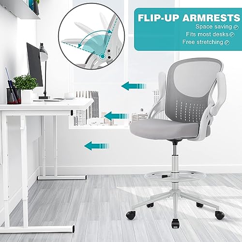 Drafting Chair with Flip-up Armrests and Foot-Ring, Tall Office Chair for Standing Desk Adjustable Height Office Desk Chair for Home Office, Breathable Mesh Swivel Rolling Tall Chair Grey