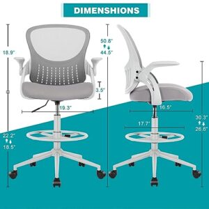 Drafting Chair with Flip-up Armrests and Foot-Ring, Tall Office Chair for Standing Desk Adjustable Height Office Desk Chair for Home Office, Breathable Mesh Swivel Rolling Tall Chair Grey