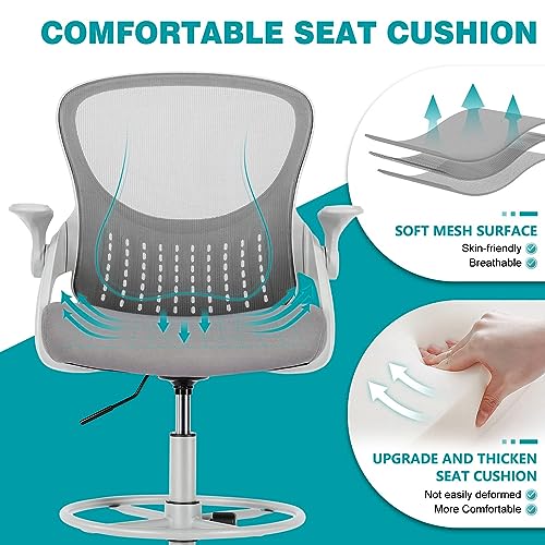 Drafting Chair with Flip-up Armrests and Foot-Ring, Tall Office Chair for Standing Desk Adjustable Height Office Desk Chair for Home Office, Breathable Mesh Swivel Rolling Tall Chair Grey