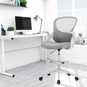 Drafting Chair with Flip-up Armrests and Foot-Ring, Tall Office Chair for Standing Desk Adjustable Height Office Desk Chair for Home Office, Breathable Mesh Swivel Rolling Tall Chair Grey