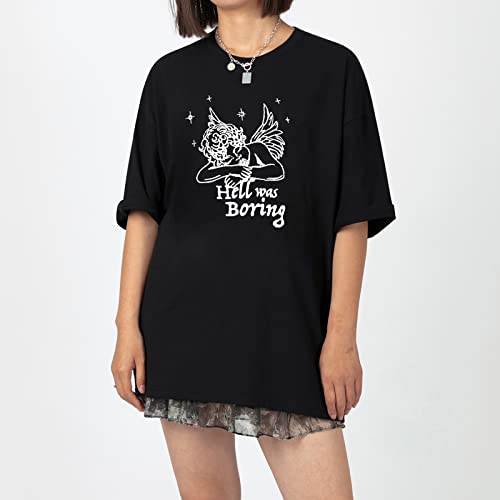 Tuislay Oversized Graphic T Shirts for Women Preppy Boyfriend Tees Cute Angel Print Loose Fit Baggy Aesthetic Tshirt Tops(Black,M,Medium)