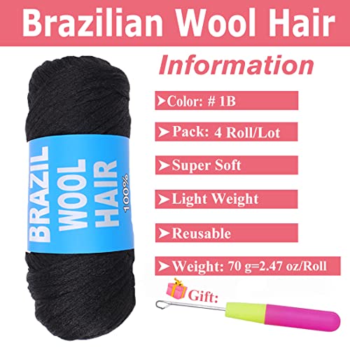 COOKOO 4 Roll Natural Black Brazilian Wool Hair Acrylic Yarn for African Crochet Hair Jumbo Braids Senegalese Twisting Knitting Hair Braids Faux locs Spiral Corkscrews Braids Twist Wraps 70G/Roll(1B#)