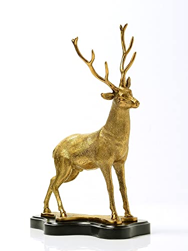 R REALONG 16.9'' Gold Bronze Stag Statue Metal Deer Sculpture Ornament for Home Decorative