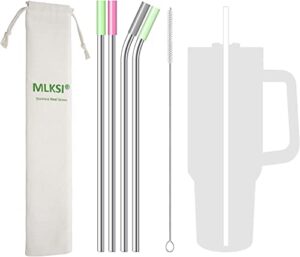 mlksi stainless steel straw replacement for stanley cup accessories, 4 pack reusable straws with silicone tips and cleaning brush for stanley quencher 40oz & simple modern tumbler with handle