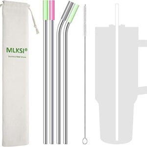 MLKSI Stainless Steel Straw Replacement for Stanley Cup Accessories, 4 Pack Reusable Straws with Silicone Tips and Cleaning Brush for Stanley Quencher 40oz & Simple Modern Tumbler with Handle