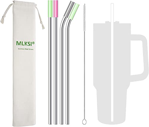 MLKSI Stainless Steel Straw Replacement for Stanley Cup Accessories, 4 Pack Reusable Straws with Silicone Tips and Cleaning Brush for Stanley Quencher 40oz & Simple Modern Tumbler with Handle