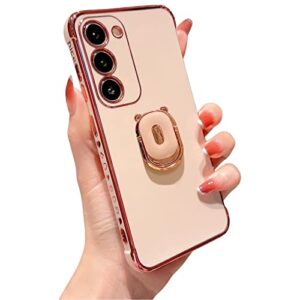 samsung galaxy s23 case with cute bear stand ring holder full camera lens protection cover, soft tpu luxury heart plating cases 360 degree rotate kickstand phone case for galaxy s23 6.1" 2023 (pink)