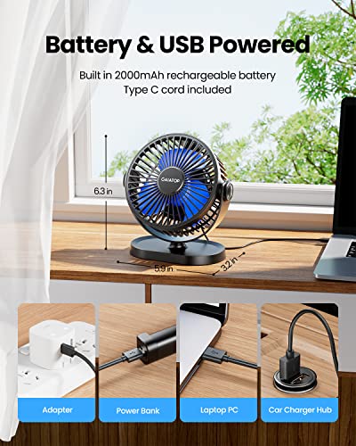 Gaiatop Small Desk Fan Baterry Operated, 360°Rotation Rechargeable Portable Fan 3 Speed Strong Airflow, 5.5 Inch USB Quiet Table Fan for Home, Office, Bedroom, Camping (Black)