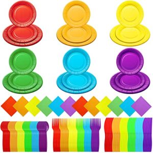 karenhi 144 pieces rainbow party supplies includes 7 inch 9 inch paper dinner plates colorful cocktail napkin plastic spoons forks knives serve for 24 guests birthday baby shower party supplies