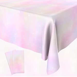 pastel rainbow tablecloths 2 pcs disposable rainbow tablecloth waterproof plastic table cloths for rectangle tables, birthday decoration party supplies for birthday wedding pink theme party 108" x 54"