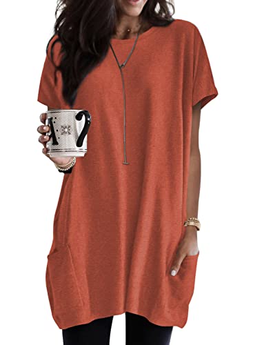 Dokotoo Womens Summer Casual Crewneck T-Shirts Loose Fit Color Block Short Sleeve Long Tunic Tops Oversized T Shirts with Pockets for Women,(US 18-20) 2XL Plus Size,Orange