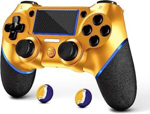 acegamer wireless controller for ps4, custom basketball design v2 gamepad joystick for ps4 with non-slip grip of both sides and 3.5mm audio jack! thumb caps included! (dark-gold basketball)