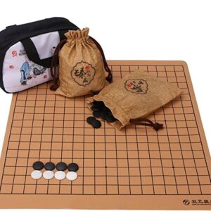 Songyun Go Set with Reversible 19x19 / 13x13 Portable Travel Go Game Set Roll-up and Foldable Artificial Leather Board with 361 Single Convex Ceramic Stones Linen Bundle Pocket Weqi Games