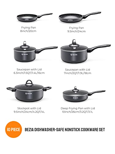 Induction Cookware Pots and Pans Set 10 Piece, BEZIA Dishwasher Safe Nonstick Cooking Pans, Stay-Cool Bakelite Handle, Scratch Resistant Kitchen Sets with Frying Pans, Saucepans & Stockpot