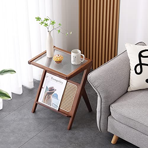 Tiita Rattan Side Table, Mid Century Nightstand, Bamboo Accent Bedside Tables, Glass Coffee Tables, Boho Wooden End Table with Storage for Small Space, Living Room and Bedroom