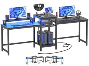 unikito 2 person computer desk with led light and power outlet, double gaming desk, large workstation with storage and printer stand, long desk, office work desk with shelf, writing study table, black