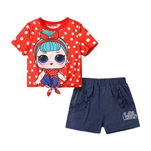 l.o.l. surprise! toddler/kid girl 2pcs polka dots tie knot tee and ruffled shorts set red kids: 6-7 years