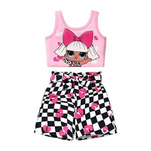 l.o.l. surprise! kid girl 2pcs mother's day character print sleeveless tee and plaid belted shorts set pink 11-12 years