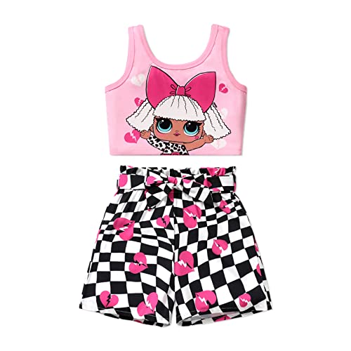 L.O.L. Surprise! Kid Girl 2pcs Mother's Day Character Print Sleeveless Tee and Plaid Belted Shorts Set Pink 11-12 Years