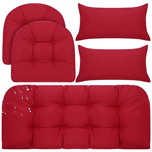 Maitys 5 Pieces Waterproof Outdoor Cushions Couch Cushion Set Wicker Chair Cushions Group Loveseat Cushions Lumbar Pillows for Patio Backyard Porch Garden Furniture (Wine Red)