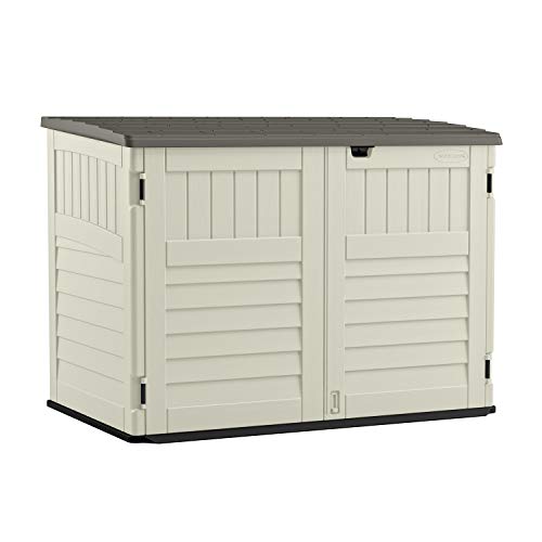 Suncast 5. 4 ft. x 3. 2 ft Horizontal Stow-Away Storage Shed - Natural Wood-Like Outdoor Storage for Trash Cans and Yard Tools & iPower 7 Inch Shutter Exhaust Fan Aluminum, 1680 RPM, 760 CFM, Silver