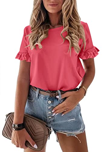 PRETTYGARDEN Women's Short Sleeve Casual T Shirts Summer Ruffle Plain Round Neck Loose Fit Tee Blouse Tops Watermelon Red