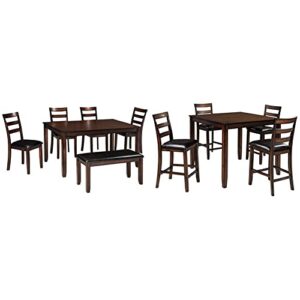 signature design by ashley coviar 6 piece dining set, includes table, 4 chairs & bench, dark brown & coviar 5 piece counter height dining set, includes table & 4 barstools, brown