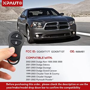 NPAUTO Key Fob Replacement Fits for Dodge Ram 1500 2500 3500 2002-2005, Dakota 2001-2004, Durango 2001-2003, Grand Caravan/Chrysler/Plymouth Prowler - Keyless Entry Remote Control, GQ43VT17T, 04686481