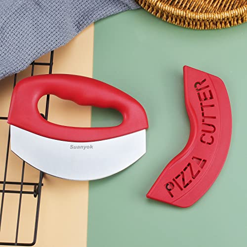 Suanyok Premium Pizza Cutter Food Chopper-Super Sharp Blade Stainless Steel Pizza Cutter Rocker Slicer with Protective Sheath Multi Function Pizza Knife Kitchen Tools,Dishwasher Safe (Red)