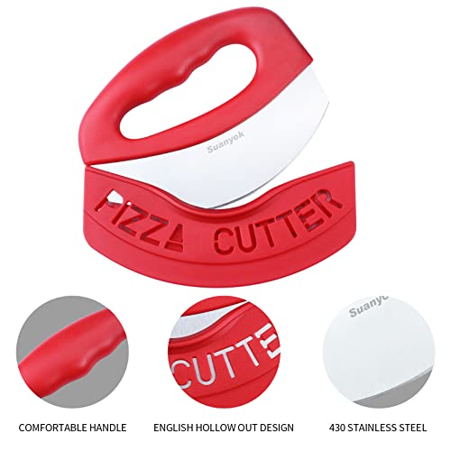 Suanyok Premium Pizza Cutter Food Chopper-Super Sharp Blade Stainless Steel Pizza Cutter Rocker Slicer with Protective Sheath Multi Function Pizza Knife Kitchen Tools,Dishwasher Safe (Red)