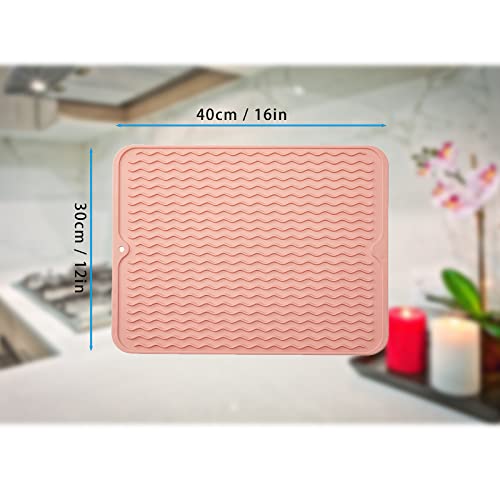 Dish Drying Mat, 2 Pack Silicone Drying Mat for Kitchen Counter, 16x12 Inches Dish Mat, Easy Clean Eco-friendly, Heat-resistant Mat (Pink+Green)